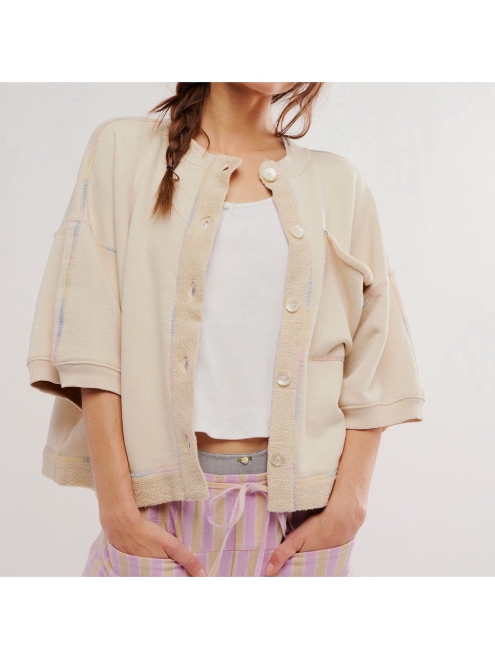 Free People Cream Boxy Short-Sleeve Cardigan with Pastel Trim